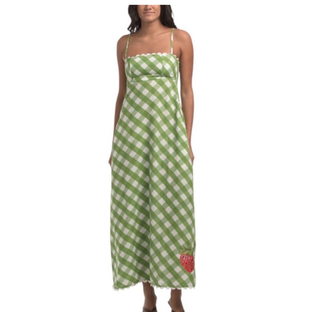 Elizabeth James the Label Green Gingham Maxi Dress with Strawberry Detail